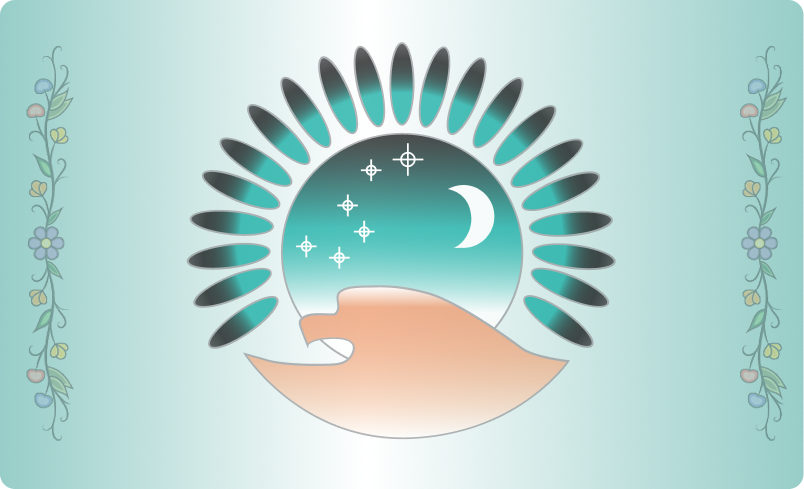 Illustration of a hand beneath a crescent moon and stars, surrounded by a circular feather motif with floral designs on both sides.